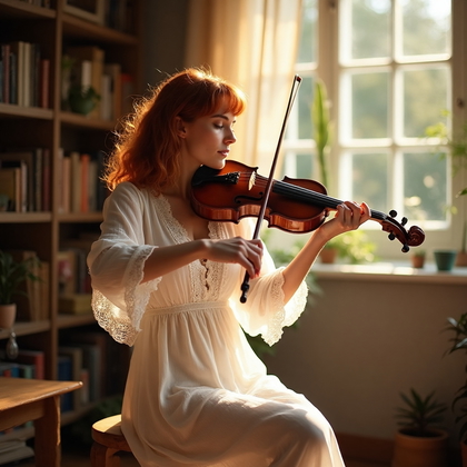 AI-generated photo: Hobby photo featuring a woman passionately playing a violin in a sunlit room. The violin is crafted ...