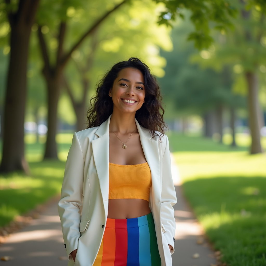 Natural Pride Portraits That Avoid Prop Overload example: Photorealistic portrait photography. Full-body portrait on a leafy park path, the subject standing in an easy confident
