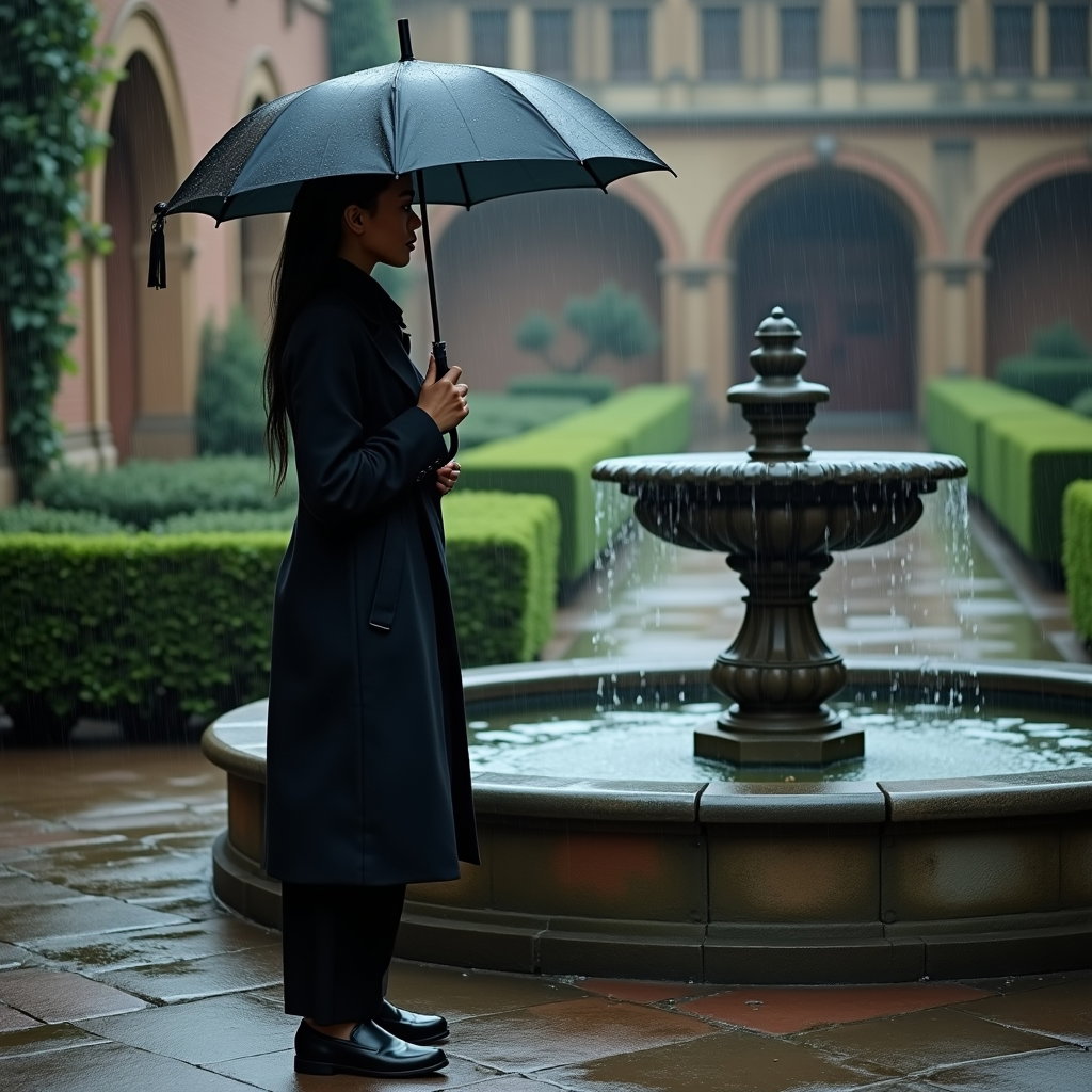 Rainy Courtyard: Full-body portrait of one person standing beside a low stone fountain in a drizzly old campus courtyard, closed umbrella pointed downward…