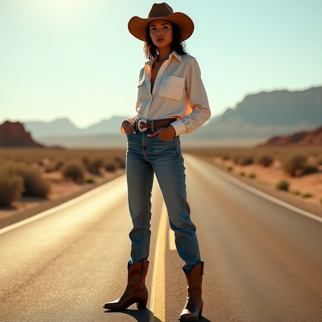 AI-generated photo: Photorealistic fashion photography. Full-body western style portrait staged on a sunlit desert roads...