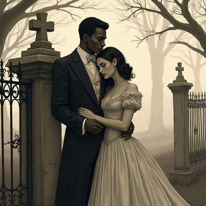 AI-generated photo: **Gothic sepia-toned illustration**. Amidst a fog-laden cemetery, a couple stands in a poignant embr...