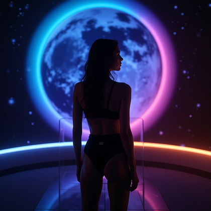 AI-generated photo: Photorealistic portrait photography. The person stands in a dark, glossy room that subtly reflects l...