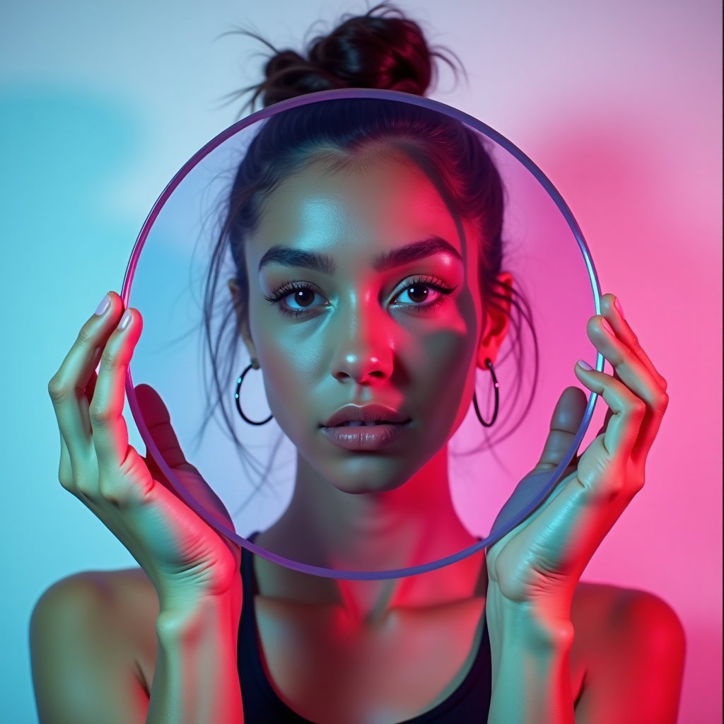 Clean Pop Album Cover Photos That Avoid Clutter example: Photorealistic pop album cover photo. Unexpected creative variation with the subject framed through a large translucent