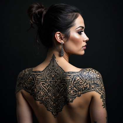 AI-generated photo: Photorealistic photography capturing a woman with an elaborate blackwork tattoo covering her upper b...