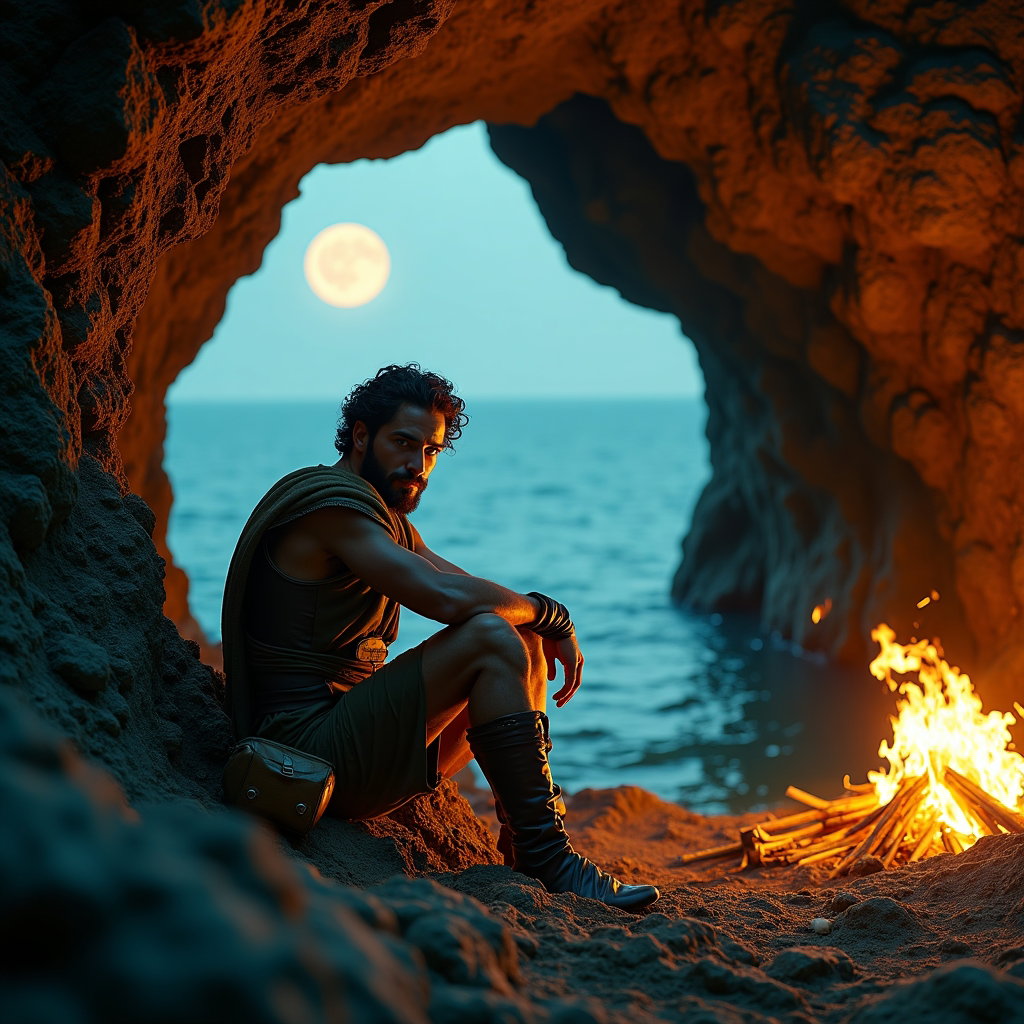 Solo Perseus Sea-Cliff Victory Portrait example: Cinematic fantasy environmental portrait photography, solo Perseus-inspired hero seated at the mouth of a sea-carved cav