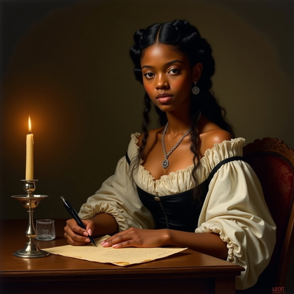 Baroque oil painting: half-length portrait rendered with tenebrist chiaroscuro, the sitter at a carved oak writing desk with inkwell, folded letter, and a single silver candlestick, candlelight creating a golden pool that kisses the face and hands while a dark tapestry ground swallows the edges into shadow. Glazes of umber, burnt sienna, and warm ivory lay translucent skin tones over a warm ground, with crisp impasto reserved for jewelry gleam and paper highlights. An oval vignette composition guides the gaze to steady, frontal eye contact, with subtle craquelure and scumbled edges evoking an aged surface.