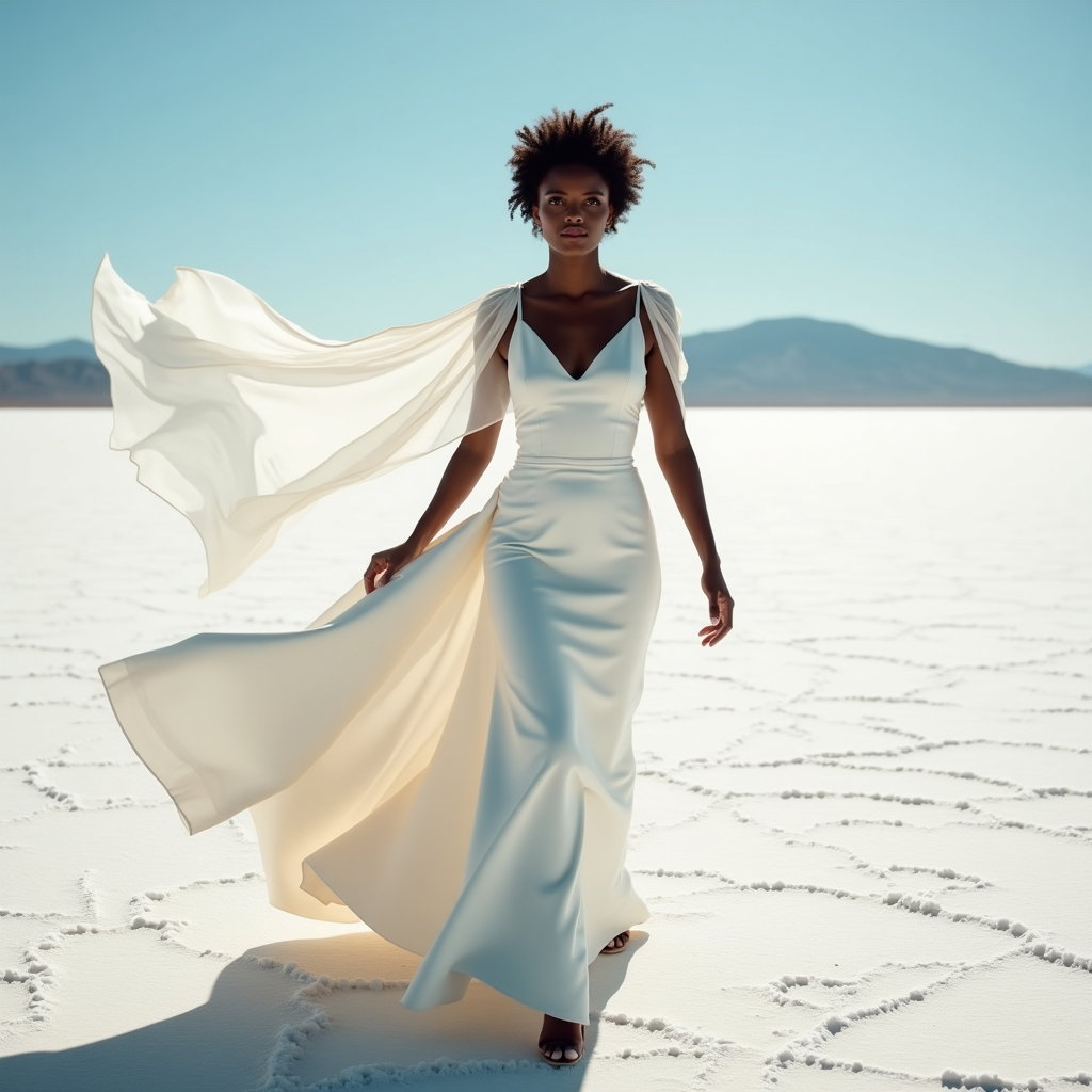 AI-generated photo: Photorealistic wedding photography — expansive desert salt flats under a pale blue sky, polygonal sa...