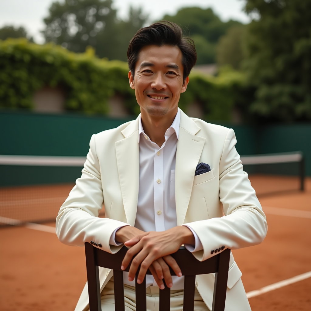 Romantic Soft-Focus Tenniscore Portraits example: Dating profile photo. Environmental portrait on a classic clay tennis court beside an ivy-covered clubhouse, the subject