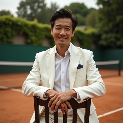 Romantic Soft-Focus Tenniscore Portraits example: Dating profile photo. Environmental portrait on a classic clay tennis court beside an ivy-covered clubhouse, the subject