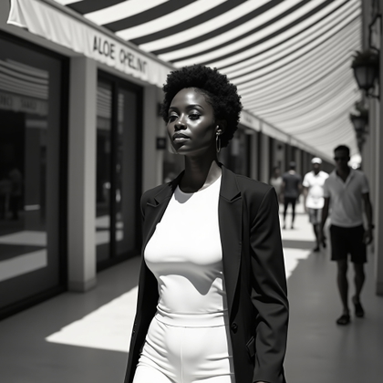 Natural Walking Portraits That Avoid Tourist Snapshot Poses example: Photorealistic Riviera vacation portrait. Creative walking portrait under striped Riviera awnings, the subject passing t