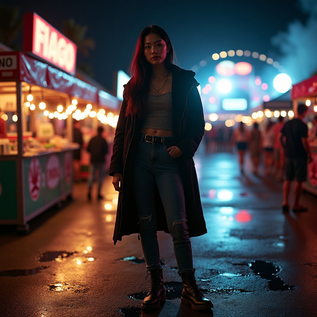 After-Dark Flash Portrait With Afterglow Energy example: Photorealistic after-dark flash portrait photography. Full-body shot of the subject standing in the middle of an open fe