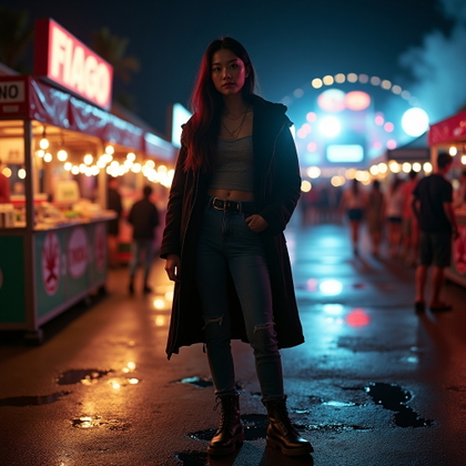 After-Dark Flash Portrait With Afterglow Energy example: Photorealistic after-dark flash portrait photography. Full-body shot of the subject standing in the middle of an open fe