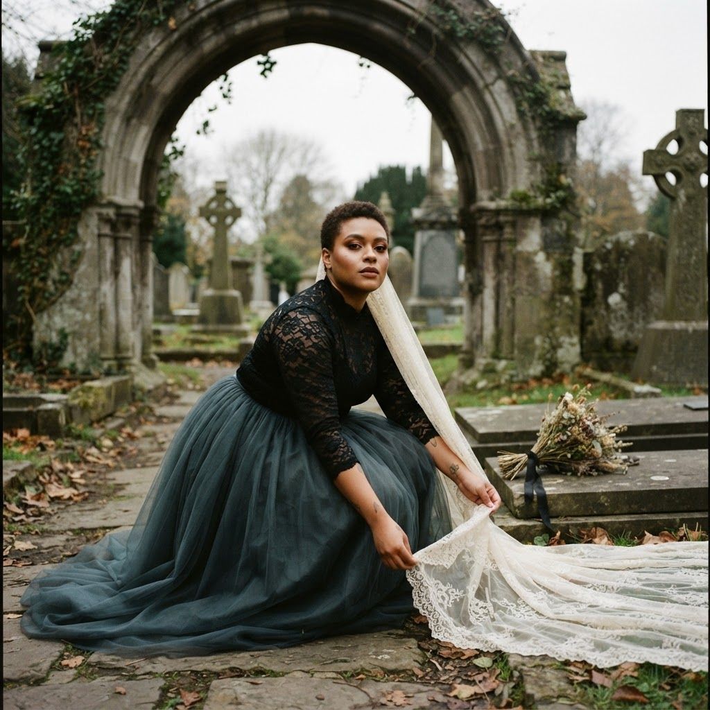 Gothic Bride Beneath a Cemetery Arch: Beneath a broad stone cemetery arch, they bend to straighten the edge of a long lace veil spread across the path, then look up toward the…