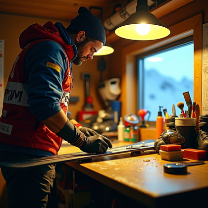 AI-generated photo: Photorealistic sports photography. In a wax cabin crowded with tools and equipment, an alpine skier ...