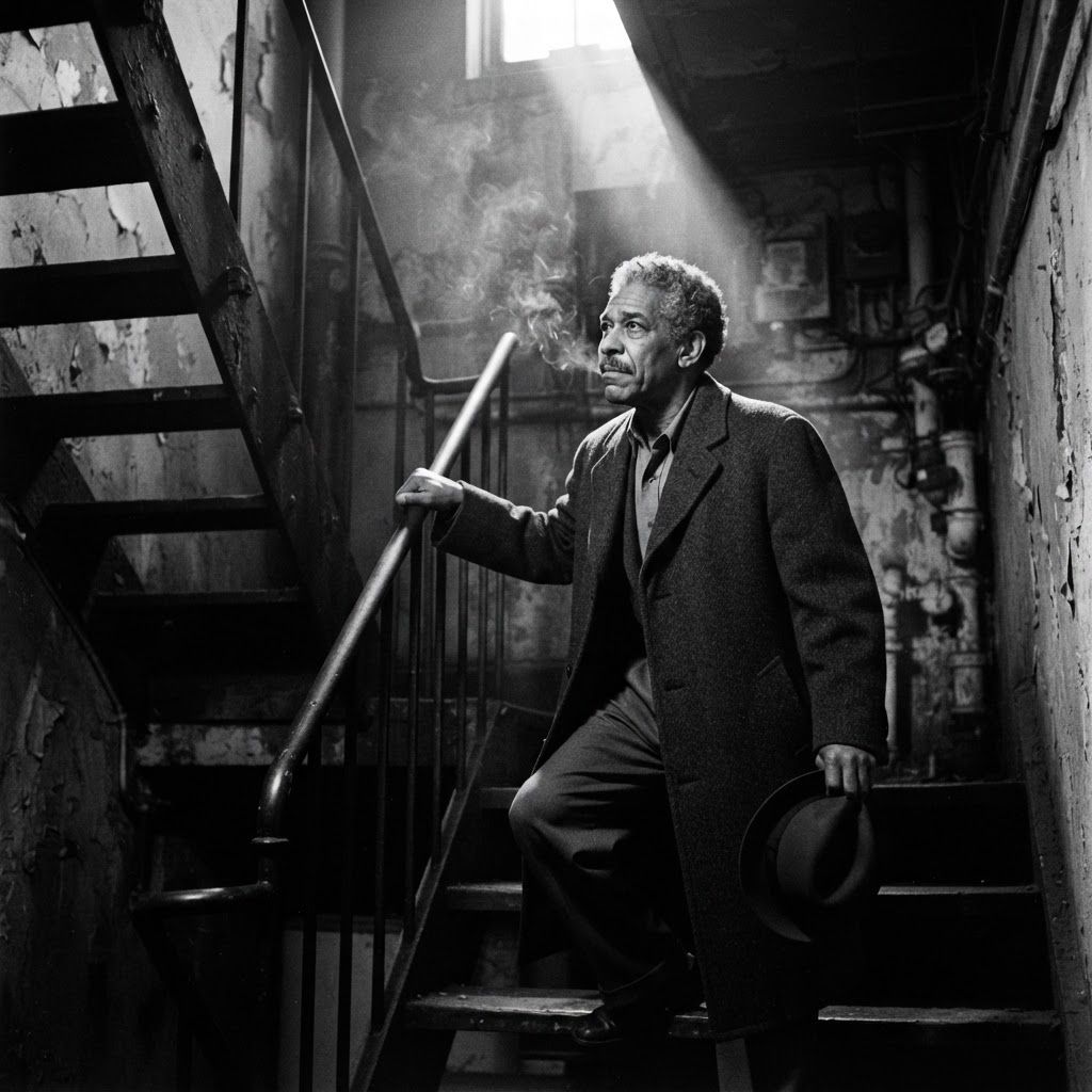 Stairwell Escape: Classic film noir stairwell scene, one person climbing through a cramped service staircase with one hand on the rail and a fedora held low…