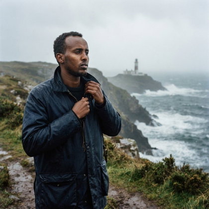 A single subject stands on a grassy coastal cliff, one hand securing the collar of a weathered navy raincoat. A lighthouse and rough sea recede into the mist. Overcast light and sea spray lend atmosphere; slightly low-angle chest-up composition, moody photographic realism.