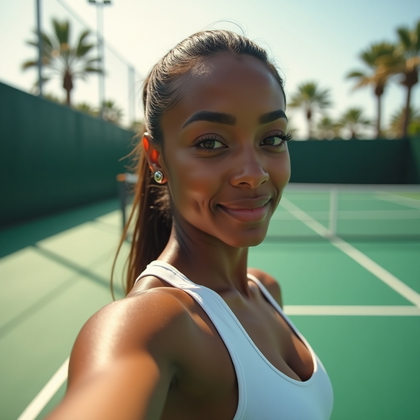 Photorealistic smartphone selfie photo on an outdoor tennis court in bright morning open shade beneath a courtside canopy, crisp white baselines and a taut net forming clean leading lines behind; confident half-turn toward the lens with the phone held just below eye level so the face stays unobstructed, sporty outfit with breathable textures, luminous sky-fill modeling features with gentle contrast, and the green acrylic surface rendering saturated color with subtle scuff details for authenticity.