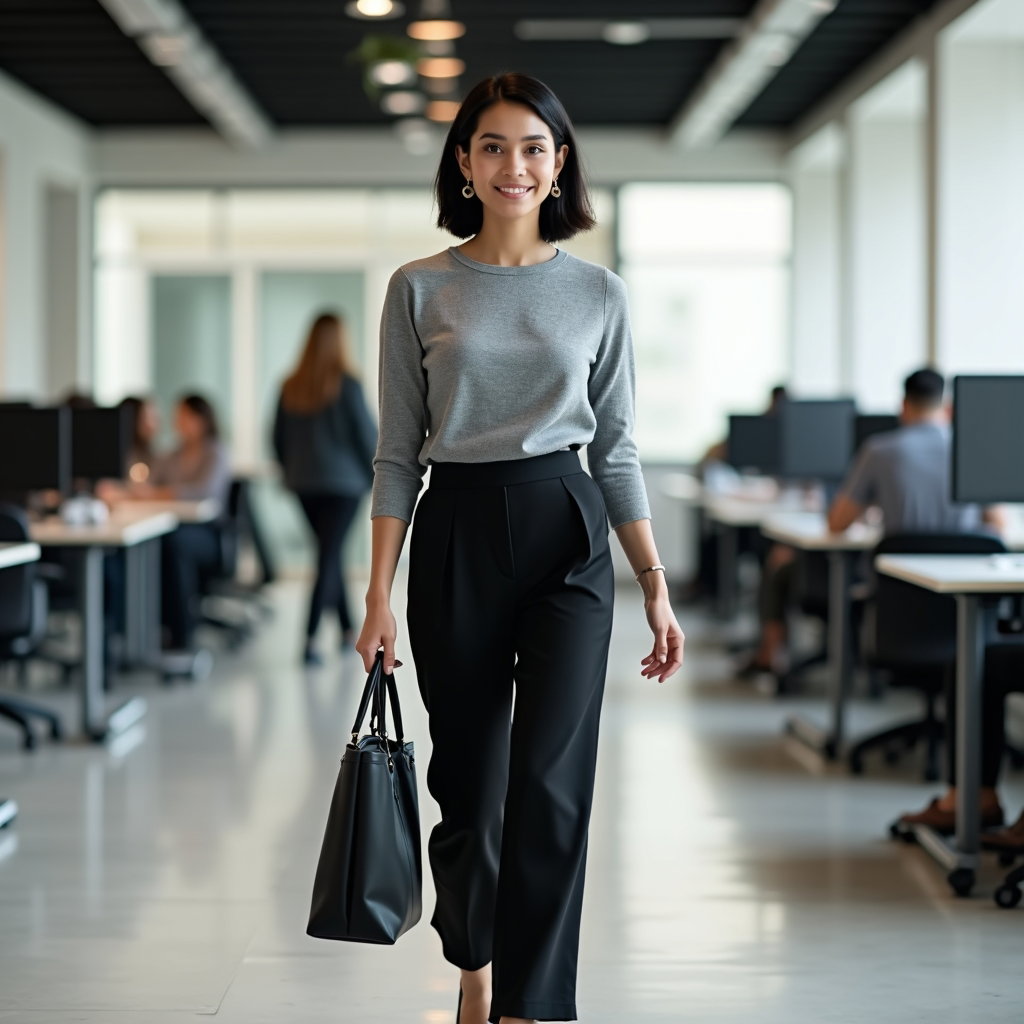 Wide-Leg Trousers And Knit Top: Personal-photo concept in an open-plan workspace aisle with blurred desks in the distance and no other visible people.