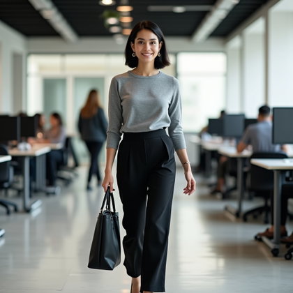 Pantalon large et haut en maille : concept de photo personnelle dans une allée d’espace de travail ouvert, avec des bureaux flous au loin et aucune autre personne visible.