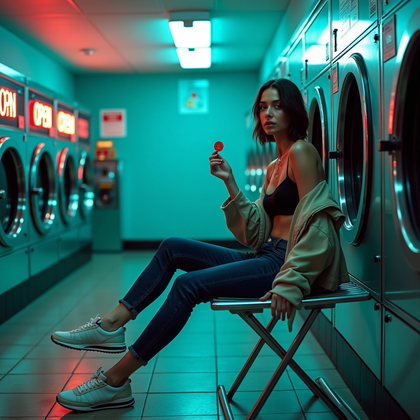 Photorealistic nightlife editorial portrait photo in an after-hours laundromat with turquoise wall tiles, rows of stainless machines, and a glowing “OPEN” sign casting neon reflections across glass doors and polished linoleum. The subject is seated casually atop a folding table with one ankle resting over the other, a lightweight jacket draped off one shoulder, and a small laundry token poised between fingers as a playful prop, all while meeting the camera with a confident, flirtatious expression and a face positioned cleanly against the circular frames of the washers for bold graphic contrast. Overhead fluorescent panels are softened with diffusion for flattering skin illumination, a cool neon kick light adds sculpted rim edges, and the vending machine glows softly to provide a subtle fill along the jaw and collar. Leading lines of the machines recede into pleasing perspective, negative space to one side keeps the composition breathable, and a shallow focus isolates the subject with creamy falloff of the background signage. wardrobe styling is urban-casual with refined details (clean sneakers, minimal jewelry, structured top) that read crisp under mixed lighting, and the environment includes a mesh laundry bag, a vintage detergent box, and taped acrylic signage to add believable texture. The overall mood is stylish urban nonchalance—seductive without being overt—pulling the viewer in with color, shine, and a face-forward composition that commands attention.