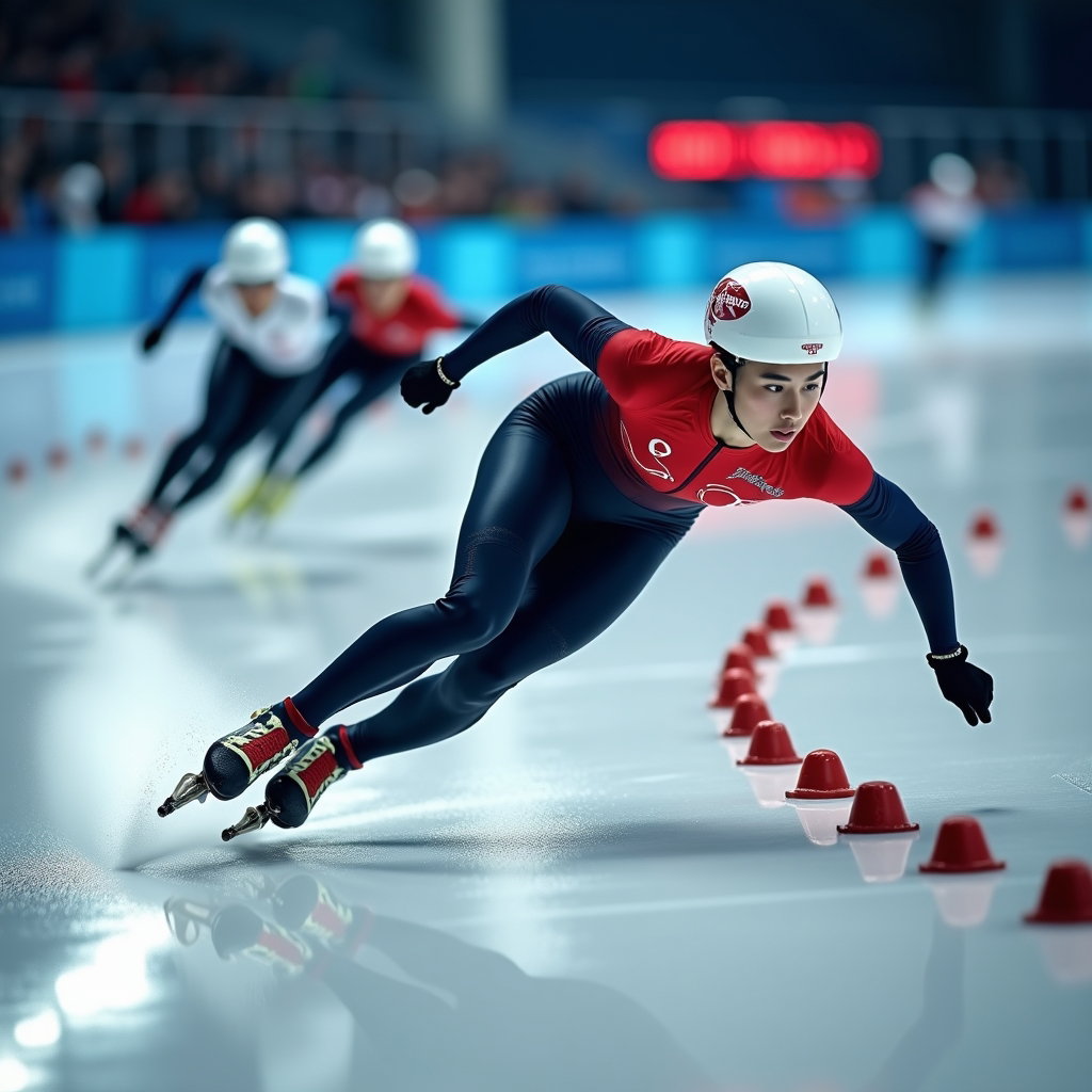AI-generated photo: Photorealistic sports action photograph of a speed skater leaning deep into a tight turn on an indoo...