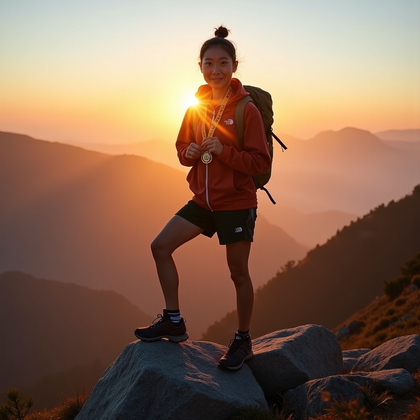 AI-generated photo: Photorealistic photography. Sunset summit reveal on a rocky overlook above a misty valley, warm rim ...