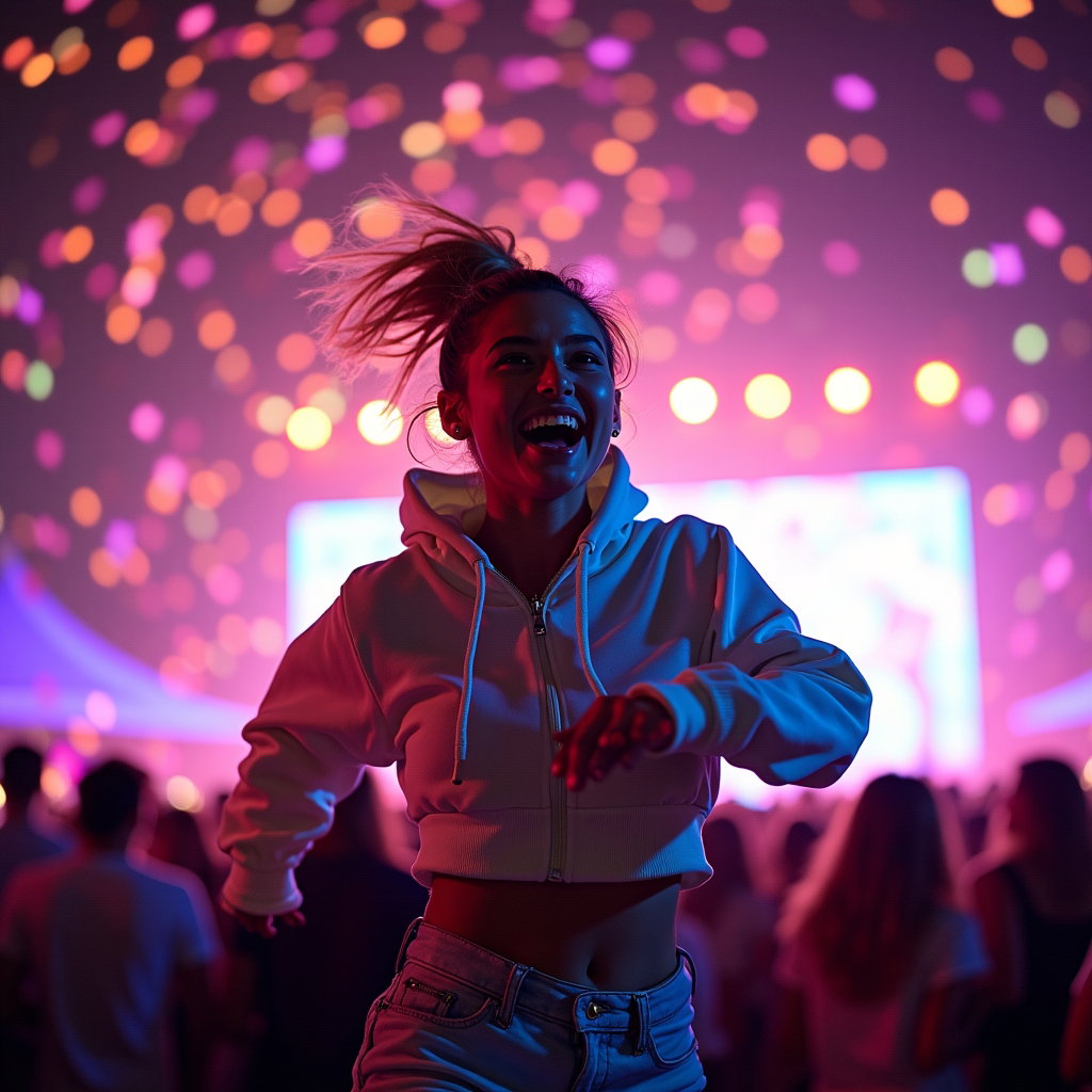 Candid Dance Motion Shot example: Photorealistic festival portrait photography. High-energy action shot during a confetti burst, the subject jumping or bo