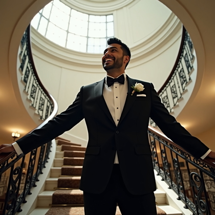 AI-generated photo: Photorealistic wedding photograph on a sweeping interior staircase where the suited subject leans on...