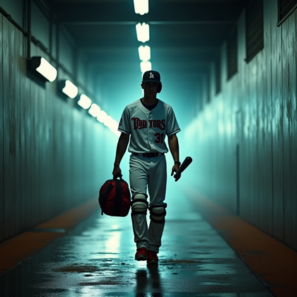 AI-generated photo: Photorealistic professional sports photography of a rookie walking solo toward the camera through a ...