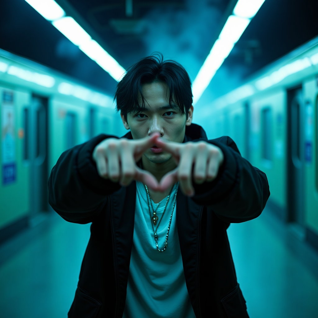 Sacred Seal Hand-Pose Portrait example: Cinematic K-pop fantasy half-body portrait photography. Empty neon subway platform after midnight, the subject facing fo