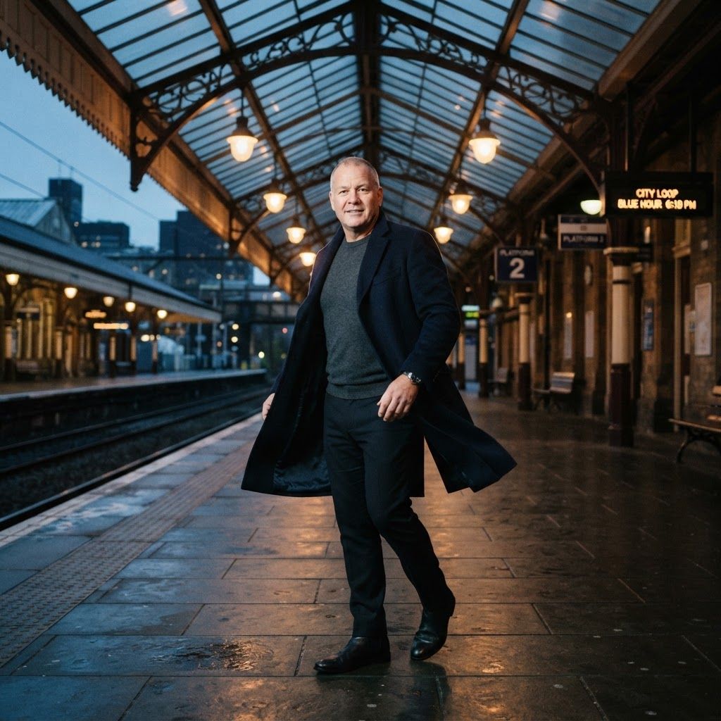 Longline Coat at a Train Platform: Full-length personal portrait beneath the iron canopy of an empty city train platform at blue hour.
