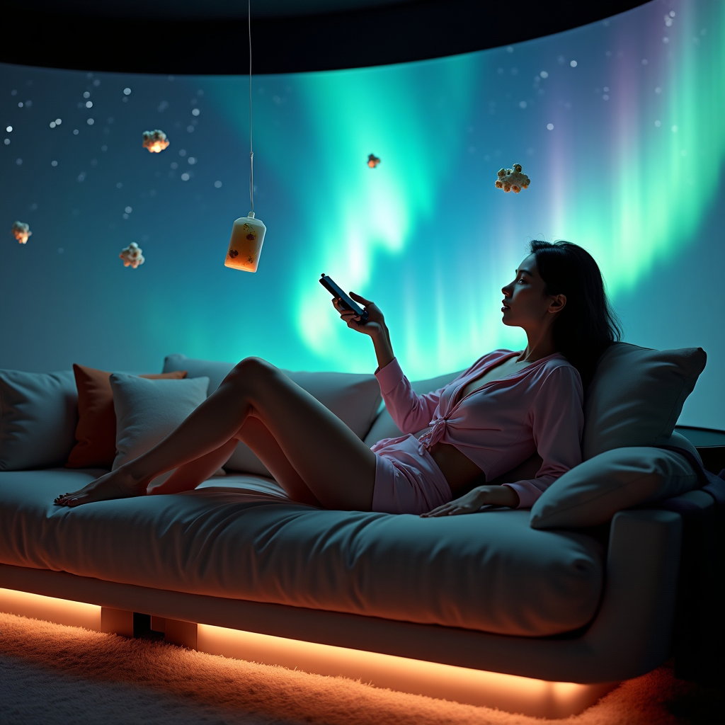 AI-generated photo: Photorealistic lifestyle space photography, a person in a stylish, form-hugging sleepwear set drifti...
