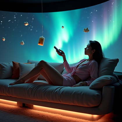 AI-generated photo: Photorealistic lifestyle space photography, a person in a stylish, form-hugging sleepwear set drifti...