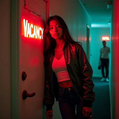 Neon Motel Hallway Survivor Portrait example: Cinematic horror portrait photo. Half-body portrait of the subject leaning against a motel room door marked with a glowi