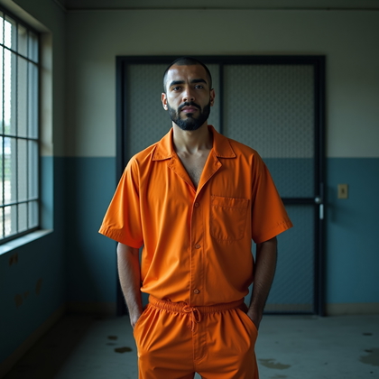 AI-generated photo: Photorealistic prison identity photograph styled like a high-end true-crime documentary, with the su...