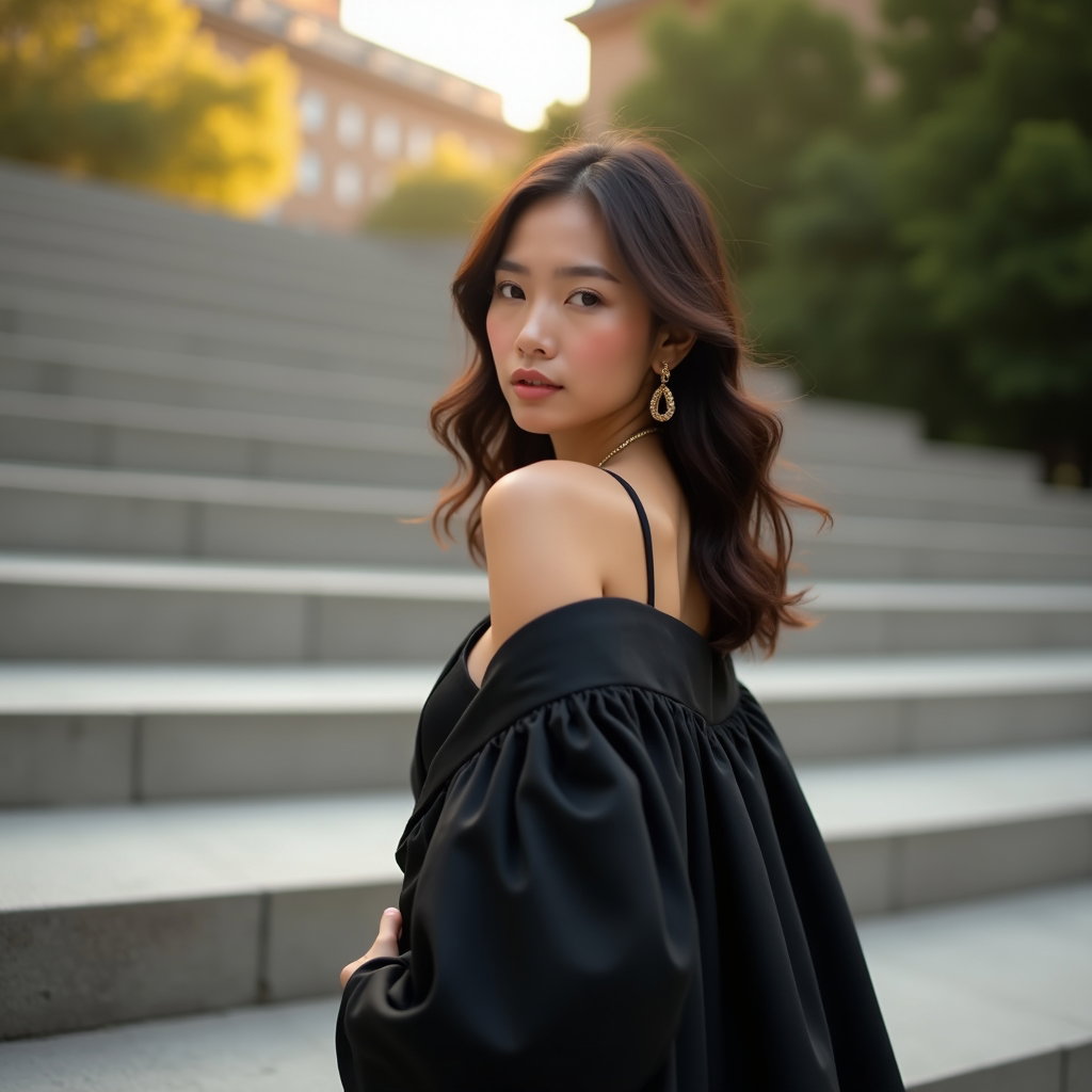 AI-generated photo: Professional fashion portrait photo, a soft over-the-shoulder graduate look captured on wide stone c...