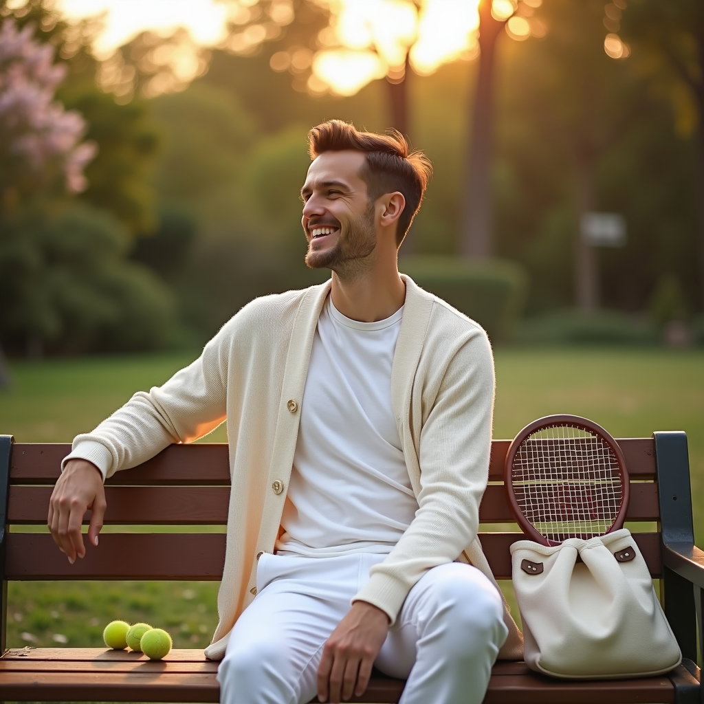 Romantic Soft-Focus Tenniscore Portraits example: Dating profile photo. Half-body portrait on a vintage courtside bench, the subject seated with an open, approachable pos