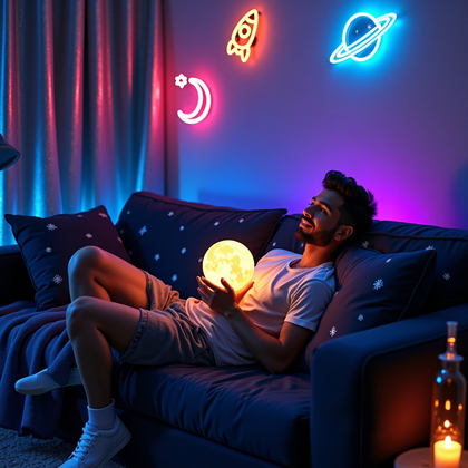 AI-generated photo: Photorealistic lifestyle photography. Person lounging sideways on a sleek, low-profile couch covered...