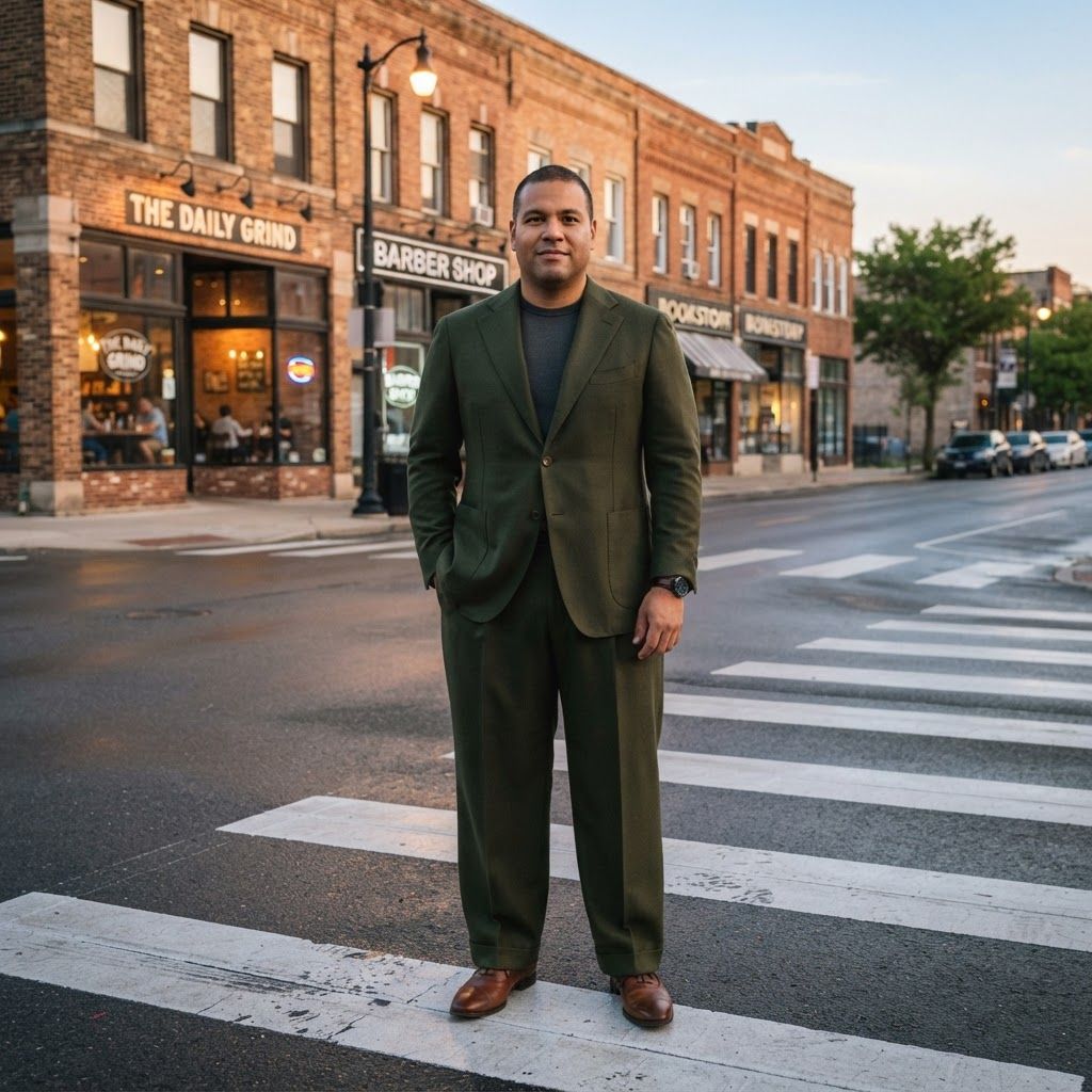 Sharp Tailoring at a Dawn Crosswalk: Full-length personal portrait at an empty crosswalk beside brick storefronts opening onto a wide city street.