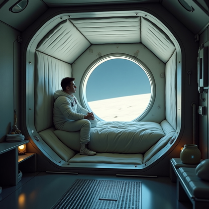 AI-generated photo: Cinematic photorealistic portrait photography, in a moon base sleeping quarters designed as a compac...