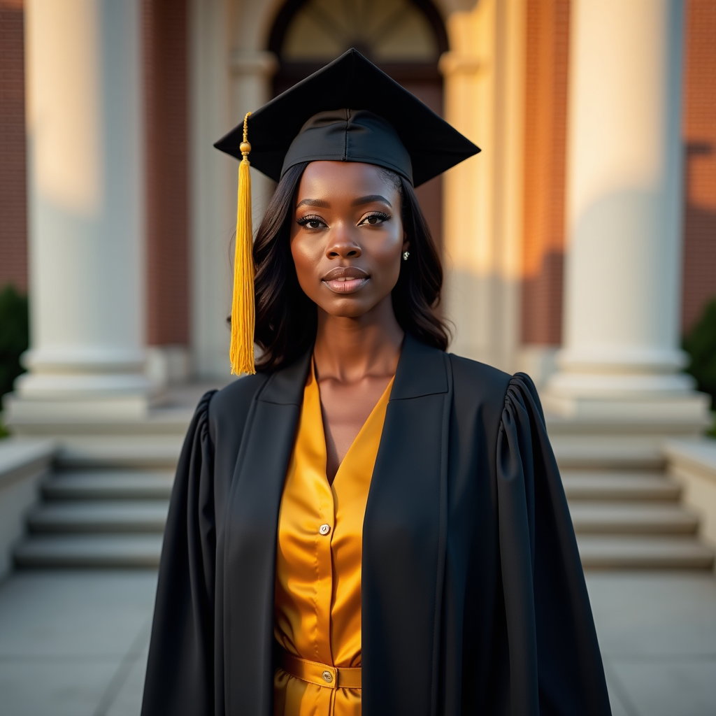 AI-generated photo: Fashion editorial graduation portrait photography, a bold cap-and-gown hero portrait with the gradua...