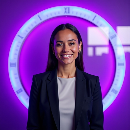 AI-generated photo: Professional headshot: electric violet studio wall with a crisp cyan concentric ring and minimal tic...