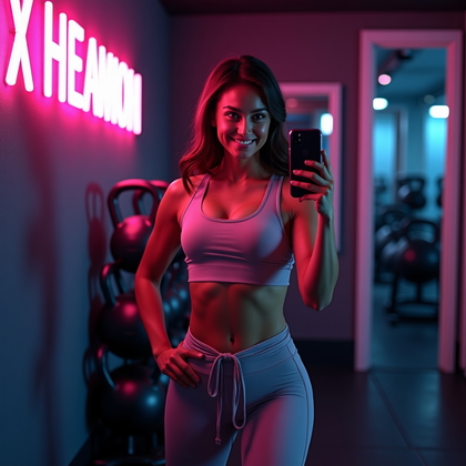 AI-generated photo: Photorealistic gym mirror selfie photo in a boutique studio corner with a neon sign glowing pink-blu...