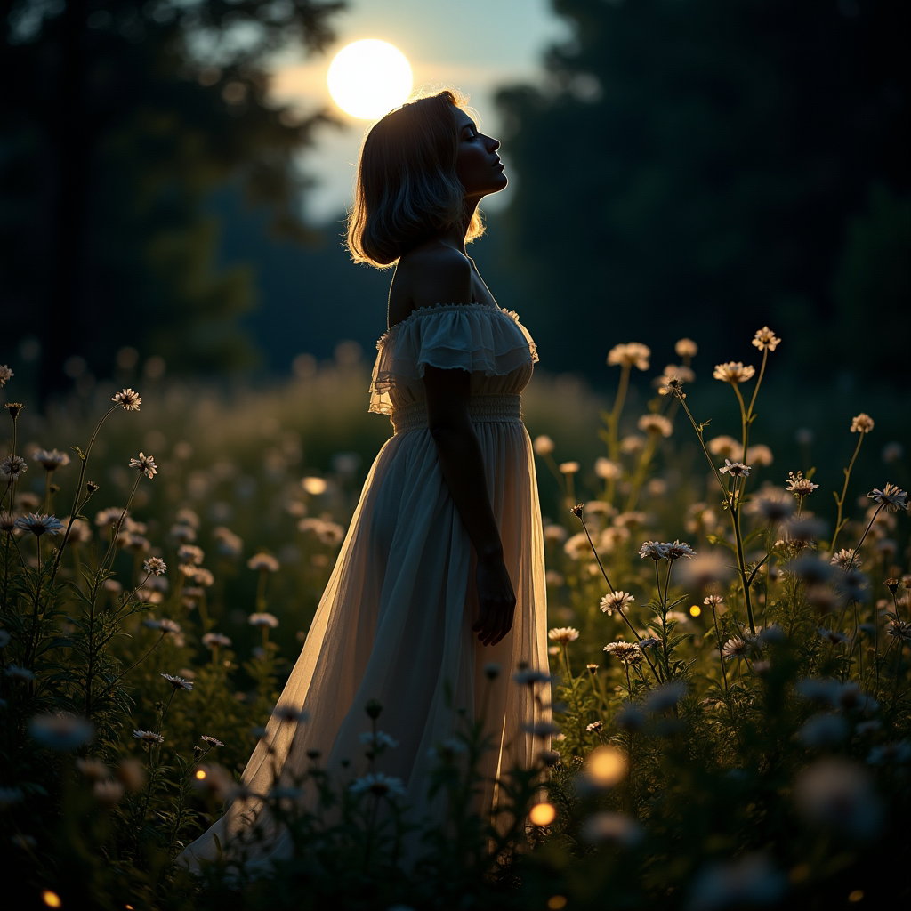 Scène au clair de lune et aux lucioles : portrait nocturne doux et dramatique à contre-jour d’une personne en robe claire à couches superposées, debout entre des fleurs sauvages sombres et des ombres d’arbres.