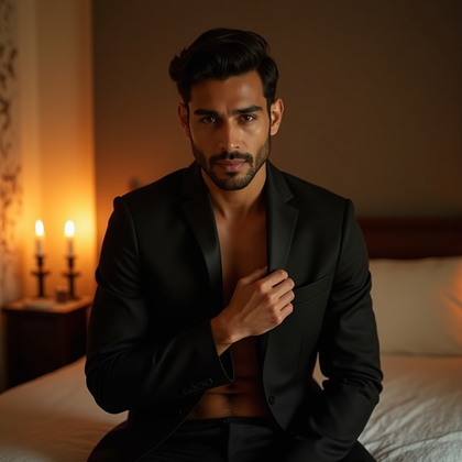 AI-generated photo: Photorealistic portrait photography. Candlelit boutique hotel ambiance with multiple off-frame flame...