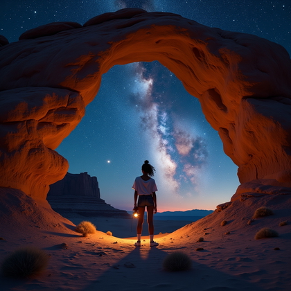 AI-generated photo: Photorealistic, ultra-detailed astrophotography portrait of a bold Milky Way explorer standing at th...