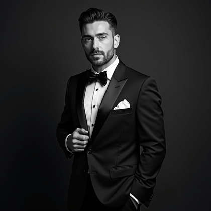 AI-generated photo: Photorealistic black-and-white studio portrait photograph — subject in a tailored tuxedo with satin ...