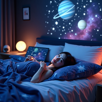 AI-generated photo: Photorealistic lifestyle photography. Person lying on their back in the center of a bed draped with ...