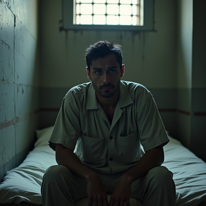 AI-generated photo: Photorealistic prison portrait photograph, the person sits on the edge of a thin mattress on a concr...