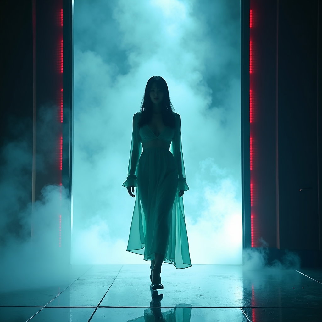 Concert Finale Demon Hunter Portrait example: Cinematic K-pop demon hunter full-body portrait photo. Full-body portrait of the performer walking out of a vertical sta